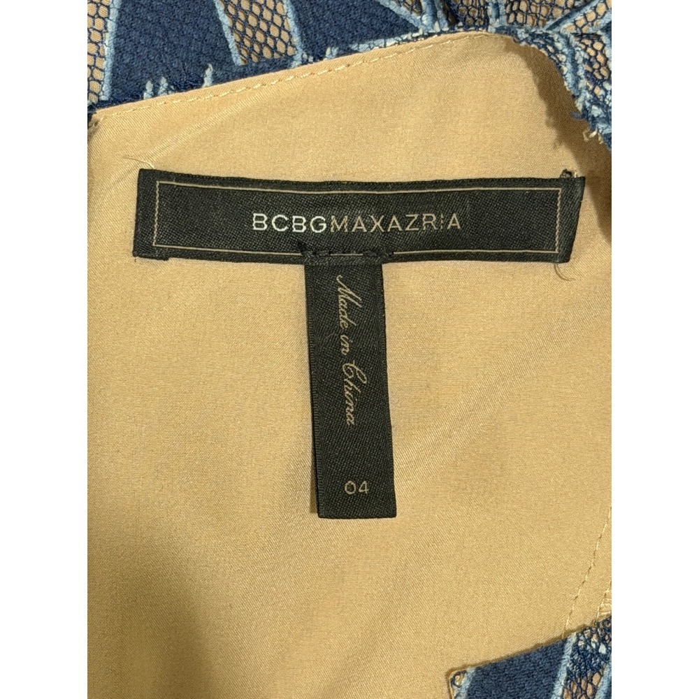 BCBGMAXAZRIA Navy Blue Tan Geometric Lace Peplum High Low Mini Dress Size 4 - Picture 3 of 4